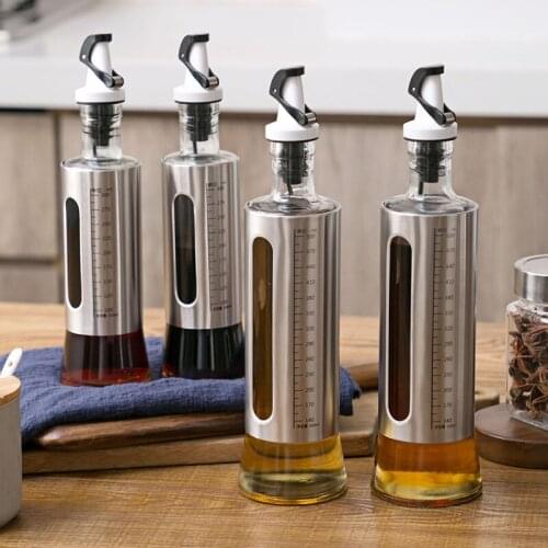 500/300ML Kitchen Glass Oil Bottle Stainless Steel Leak-proof Soy Sauce Vinegar Cruet Storage Dispenser Useful Kitchen Tools