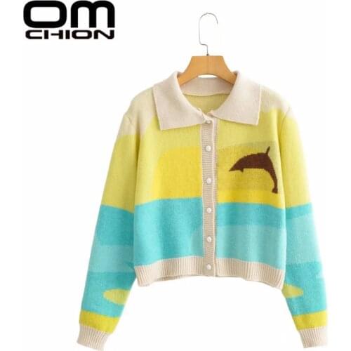 OMCHION Jumper 2021 Autumn Winter Sweet Pastoral Dolphin Print Knitted Sweater Womens Loose Y2k Cardigan Casual Chic Short Coat