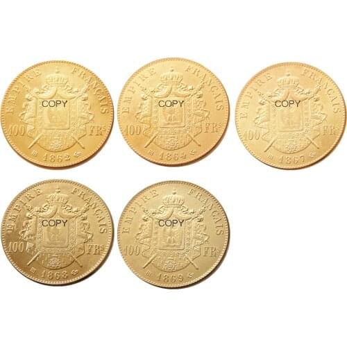 France 1862 B - 1869 B 5pcs 100 Francs Gold Plated Copy Decorate Coin
