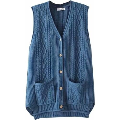 Plus size V neck pockets Cardigan women loose sweaters vest 2021 new winter casual ladies wool knitted blue female Vests tops