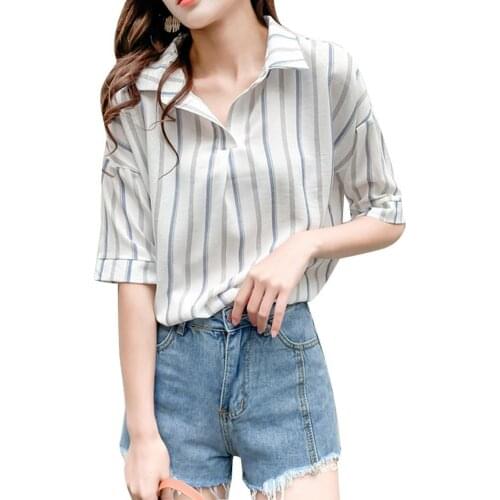 Fashion Summer Women Shirts Stripe Short Sleeve V Neck Turndown Collar Casual Lady Shirts Tops chemise femme рубашки оверсаиз