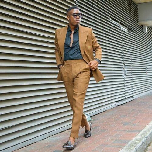 2021 Summer Dark Kakhi Mens Suits Polyester Blend 2 Piece (Coat+Pants) Formal Double-breasted Blazer Groom Wedding Party Suit