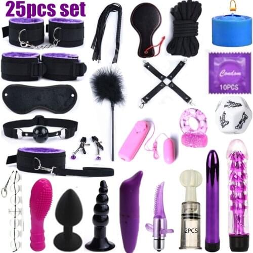 25pcs set Valentine gift Sex dolls plugs Anal vibrator handcuffs black mask vibration nipple clamps SM sex Toys Breast massager
