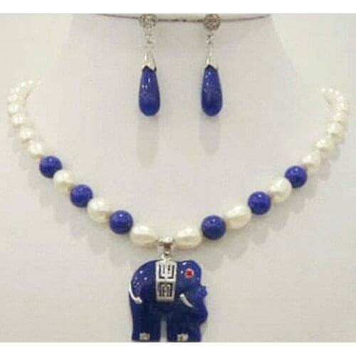 Natural white rice pearl & blue jade elephant pendant necklace earrings Set