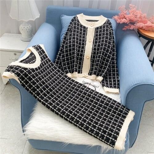 Fall/Winter Women Knitted Sets Plaid Single Breasted Sweater & Knee-length Dress Ladies V-Neck Sweater Sleeveless Dress 2pcs Set