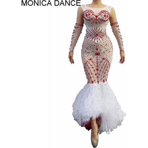 Nightclub Sexy Stage Red Rhinestone Transparent Long Dress Birthday Celebrate White Outfit Prom Women Dancer Mesh Dress