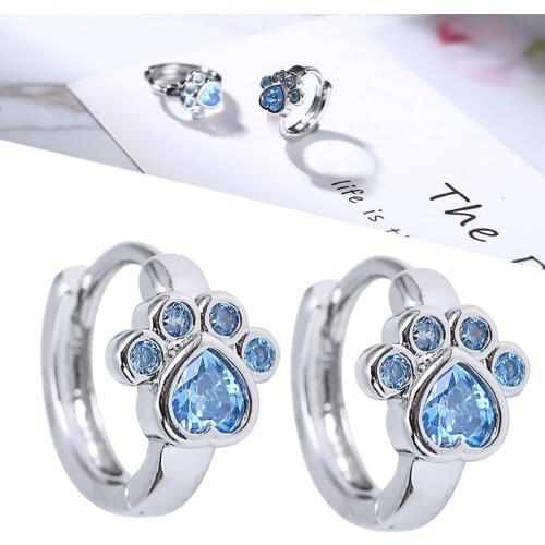 Trend Cute Cat Paw Hoop Earring Blue CZ Paw Print Small Huggie Earrings Siliver Color Jewelry Accessories Women Birthday Gift
