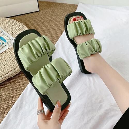 Women Slippers Summer Women Pu Leather Platform Slides Female Pleated Shoes Ladies Casual Shoe Womens Comfort Beach Footwear
