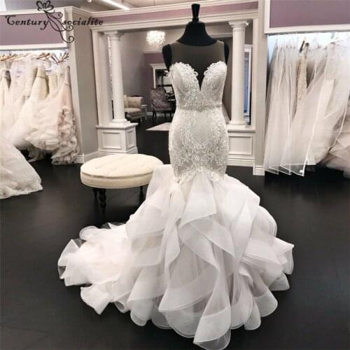 Vestido De Noiva Real Lace Wedding Dresses Mermaid Bridal Dress 2020 Ruffles Crystal Illusion Bride Gowns Robe De Mariee