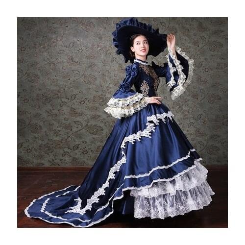 Navy/green flare sleeve trailing drama Medieval Renaissance dress with hat stage Gown Victoria Marie Antoinette Belle opera