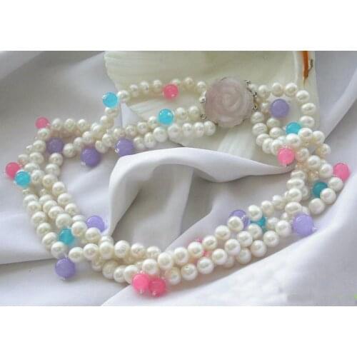Unique Pearls jewellery Store 3row White Round Pearl Multicolor Jade Beads Necklace Fine Jewelry Women Gift