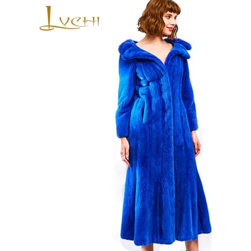 LVCHI 2019 Import Velvet Mink Coat Womens Long Sleeve Pure Blue Color Slim Causal X-Long Ruched Turn-Down Collar Mink Fur Coats