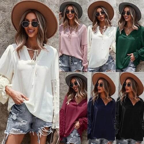 Autumn Women T-Shirts Full Sleeve Patchwork Elegant Sexy Lace Up Solid Color Casual Loose Style Female Blouse Pullovers C3011
