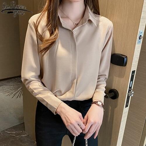 Korean Clothes Womans Blouses 2021 Autumn New Chiffon Blouse Long Sleeve Shirts Womens Simple Solid Bottoming Shirt 10489