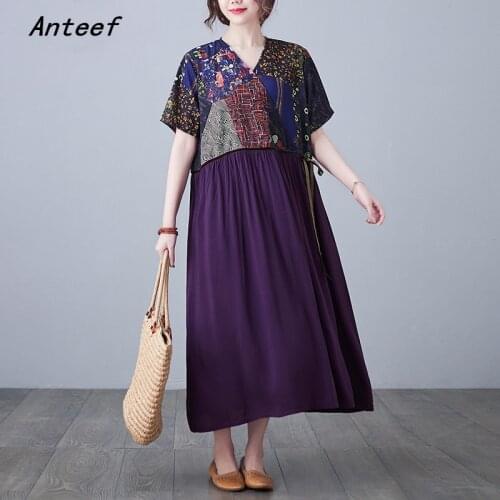 Short sleeve cotton vintage floral dresses for women casual loose long summer sun dress elegant clothes 2021 sundress