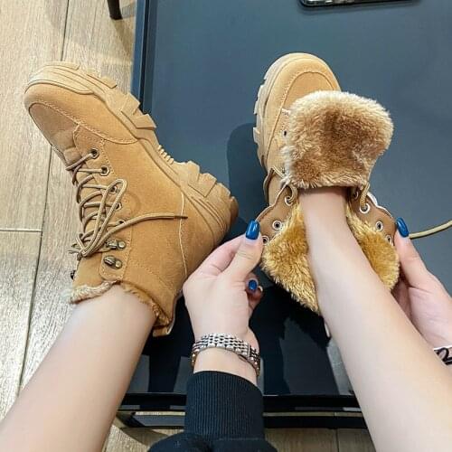 Women Snow Boots Beige Plush Warm Fur Causal Boots Shoes Sneakers Ankle Booties Platform Thick Sole Lace Up Winter Shoes2021