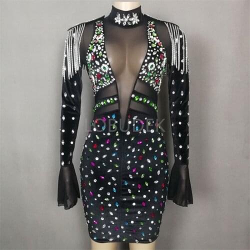 Bar Stage Women Singer Rhinestones Dress Costume Multi-color Crystals Velvet Wrap Hip Short Dress Birthday Prom Sexy Performance
