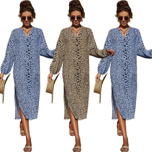 2021 Summer Women Long Sleeve Dress Leopard Print Kaftan V Neck Loose Maxi Holiday Beach Sundress Party Gown High Slit Vestidos