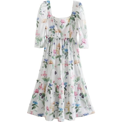 Women Dress Vintage Za Fashion Floral Print Chiffon Midi Dress Short Puff Sleeve Elastic Ruffles Trim Spring Dresses Vestidos