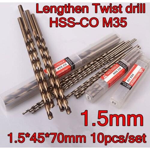 1.5*45*70mm 10pcs/set HSS CO5% M35 Containing cobalt longer twist drill Processing stainless steel and steel