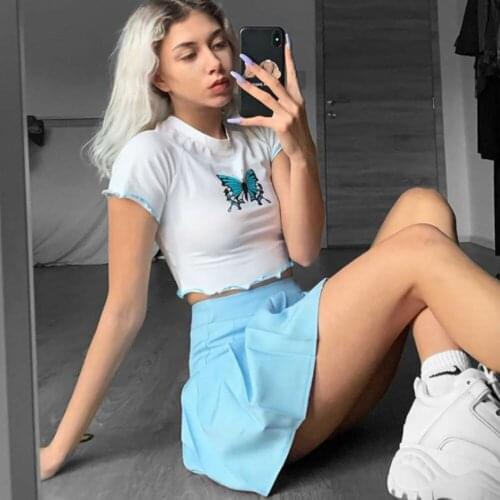 2021 Butterfly Print T Shirt O Neck Short Sleeve Tee Cropped Shirt White Top Streetwear Ruffles Slim Fashion Tshirt