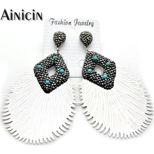 New Arrival Silver Gold Plating Water Drop Feather Shape Black Rhinestone Howlite Paved Dangle Earrings For Women Jewelry 5pcs