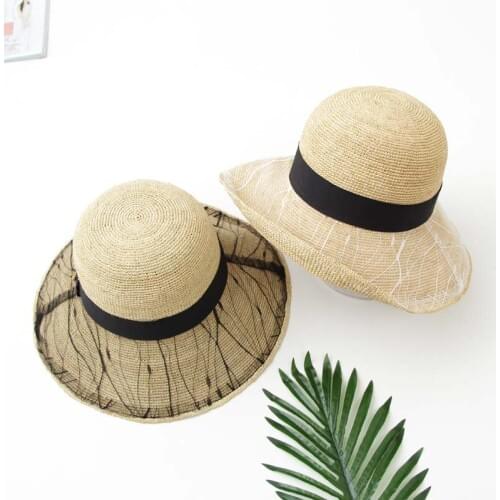 Free shipping High Quality Women Summer cap foldable raffia hand made straw sun hat wide brim lace beach cap Visor Floppy Chapea