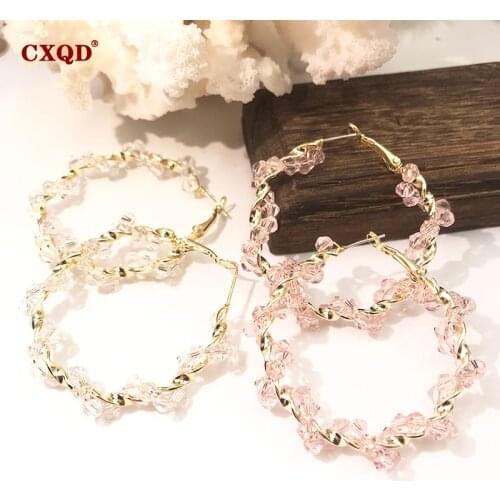 CXQD 1 Pair Fashion 50mm Big Round Loop Circle Earring New Design Glass bead Gold-color Flower Cut Loop Earrings