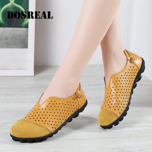DOSREAL Genuine Leather Slip On Shoes For Women Loafers Breathable Summer Hollow Ladies Walking Shoes Casual Flats Big Size 42