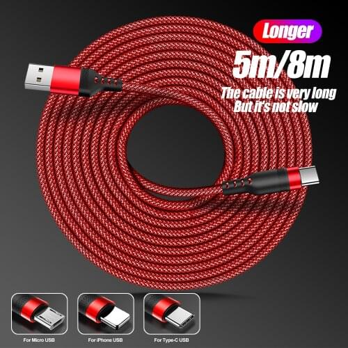 5m/8m Long Charging Cable for Lightning/Type C/USB Micro Durable Nylon Braided Charging Wire for IOS/Android phone Fast Charger