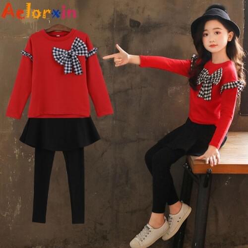 Girls Clothes Set 2Pcs Shirt+Legging Autumn Bow Suit For Girls Winter Kids Clothes Casual Teenage Girls Clothing 5 6 8 14 Year