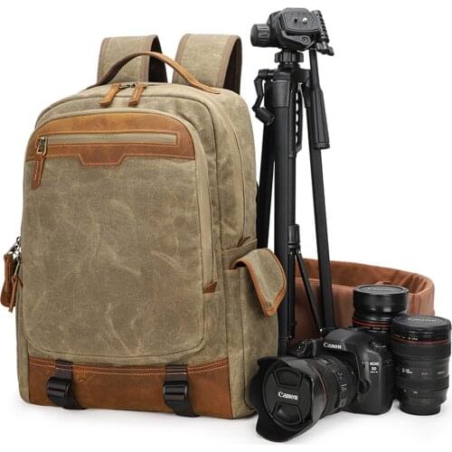 Camera Leather Backpack Vintage Canvas Bag Waterproof Shoulder Photography Backpack Water Repellent DSLR SLR Camera Bag