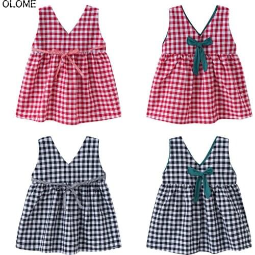OLOME Summer Plaid Pattern Girls Dresses Princess Sweet Cotton Sleeveless Girls Skirts with Bow Comfortable Little Girls Dress