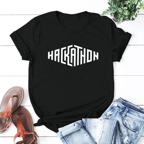 Vogue Women Graphic T Shirt O-neck Beauty Ullzang O-neck Harajuku 3D Geometric Figur HACKATHON Printed Tshirt Black Tops Tee