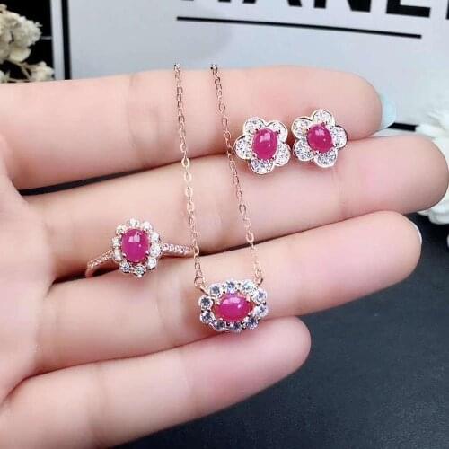 Real Natural Ruby jewelry set Natural Real Ruby 925 sterling silver 1pc pendant,1pc ring,2pcs Earring