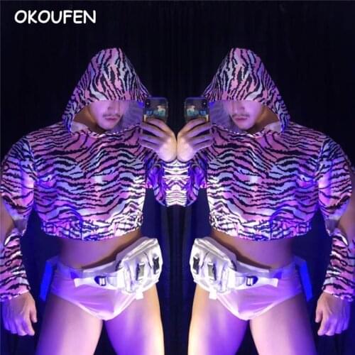 Nightclub Male Stage Wear Bar DJ Dancer Performance Dance Costume striped Hooded Hip Hop Loose hoodie
