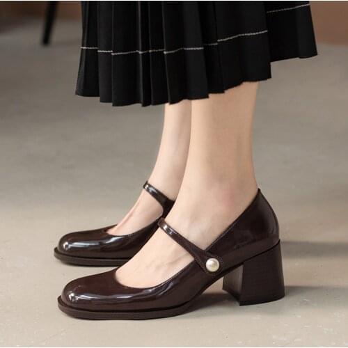 Spring Summer Women Leather Pumps Ladies High Heels Mary Jane Shoes Fashion Woman Round Toes Thick Heel Shoes Black Brown Beige