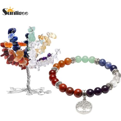 Sunligoo 7 Chakra Healing Crystal Tumbled Stones Lucky Mini Money Tree Decor With 7 Chakra Healing Crystal Balance Bracelet Set