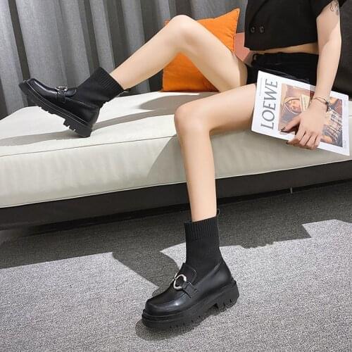 2020 autumn vintage sponge cake versatile single shoes small leather shoes for women fashion knitted platform boots X492