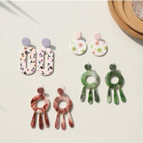 AOMU 2021 New Korea Fashion Hyperbole Hollow Round Waterdrop Flower Print Acrylic Earrings for Women Girls Jewelry Accessories