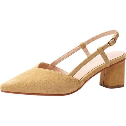 Sexy word buckle sandals women 2020 summer new Flock Buckle Strap 6CM Thick High Heels Pointed Toe Shallow Back Strap shoes