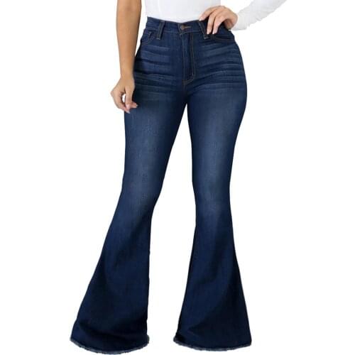 Women Destoryed Flare Jeans Elastic Waist Bell Bottom Raw Hem Denim Pants