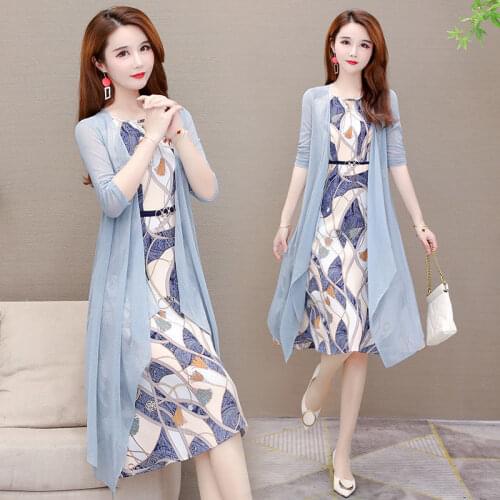 2021 Summer Blue Two Piece Sets Three Quarter Sleeve Shirt and Printed Floral Dress Casual Plus Size Women Clothing Femme X41