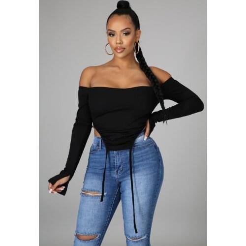 Echoine Female Sexy Fashion One Shoulder Long Sleeve Slit Irregular Pleated Tie Top Stylish Shirt For Women Drop Shipping