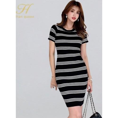 H Han Queen Vintage Stripe Wear Work Vestidos Elegant Simple Bodycon Sheath Women Dresses Korean Basis Knitted Bottoming Dress