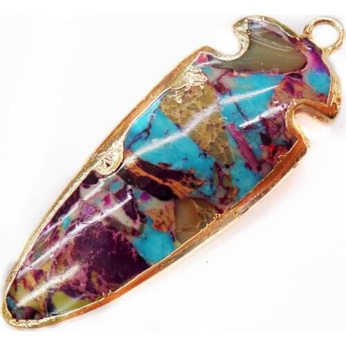 1Pcs 48x18x5mm Wholesale Purple And Blue Sea Sediment Jasper & Pyrite Arrow Gilt Edge Pendant Bead DIY Jewelry Accessories S857
