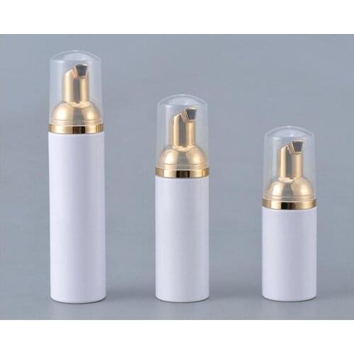 1pcs Empty 30ml 50ml 80ml cosmetic facial Cleanser wash cream Plastic white liquid soap Foam bottle with golden foamer pump