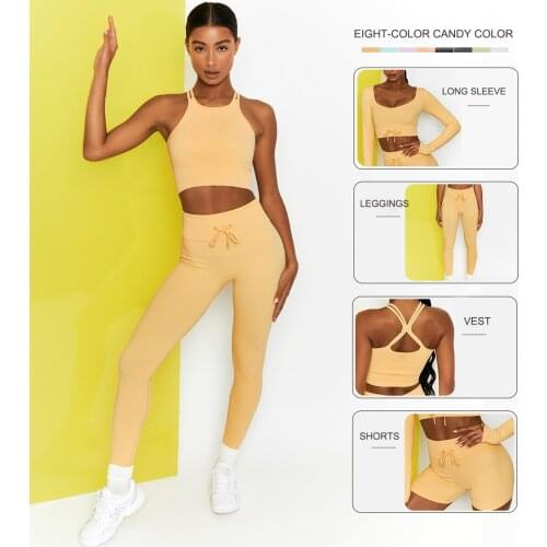 4Pcs Yoga Suits Breathable Slim Sexy Soft Suits Seamless Solid Color Yoga Suits Bubble Butt Leggings Gym Fitness Sports Sets