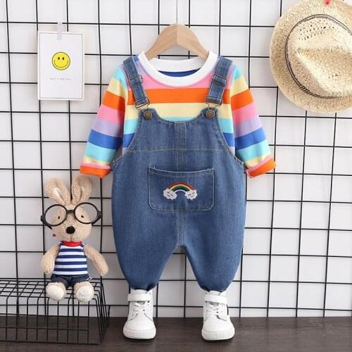 Spring Autumn Baby Boys Girls Cotton Clothes Kids rainbow T-shirt denim Bib Pants 2Pcs/sets Infant Children Toddler Tracksuits