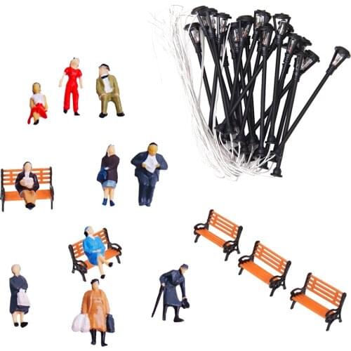 People Figures Bench Models 1:100 Lamppost Lights for Garden Park Landscape Models/Lamppost Models for HO Scales Layout Accs